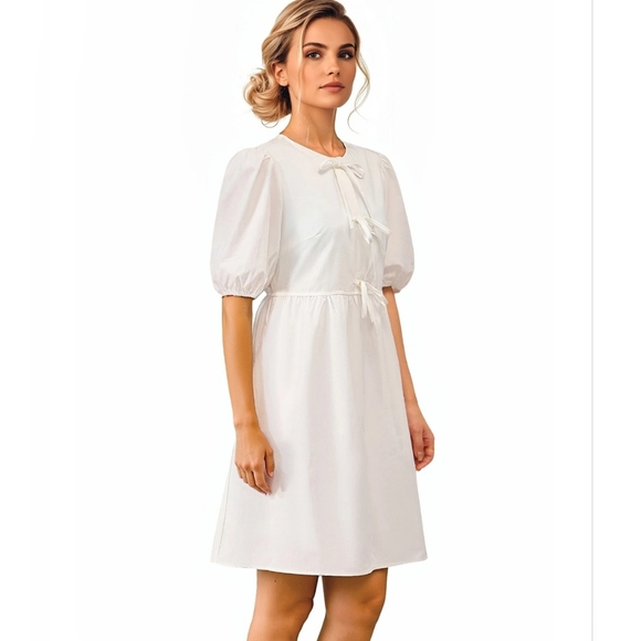 Pretty Garden White Babydoll Puff Sleeves‎ Dress w Pockets Size M NWT - Picture 12 of 12